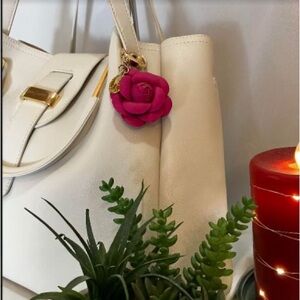 CAMELLIA BAG CHARM KEYCHAIN LEATHER FLOWER HANDMADE MULTIPLE COLORS AVAILABLE